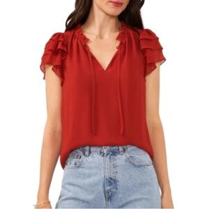 1 STATE Red Ruffle Flutter Sleeve Blouse - WXS